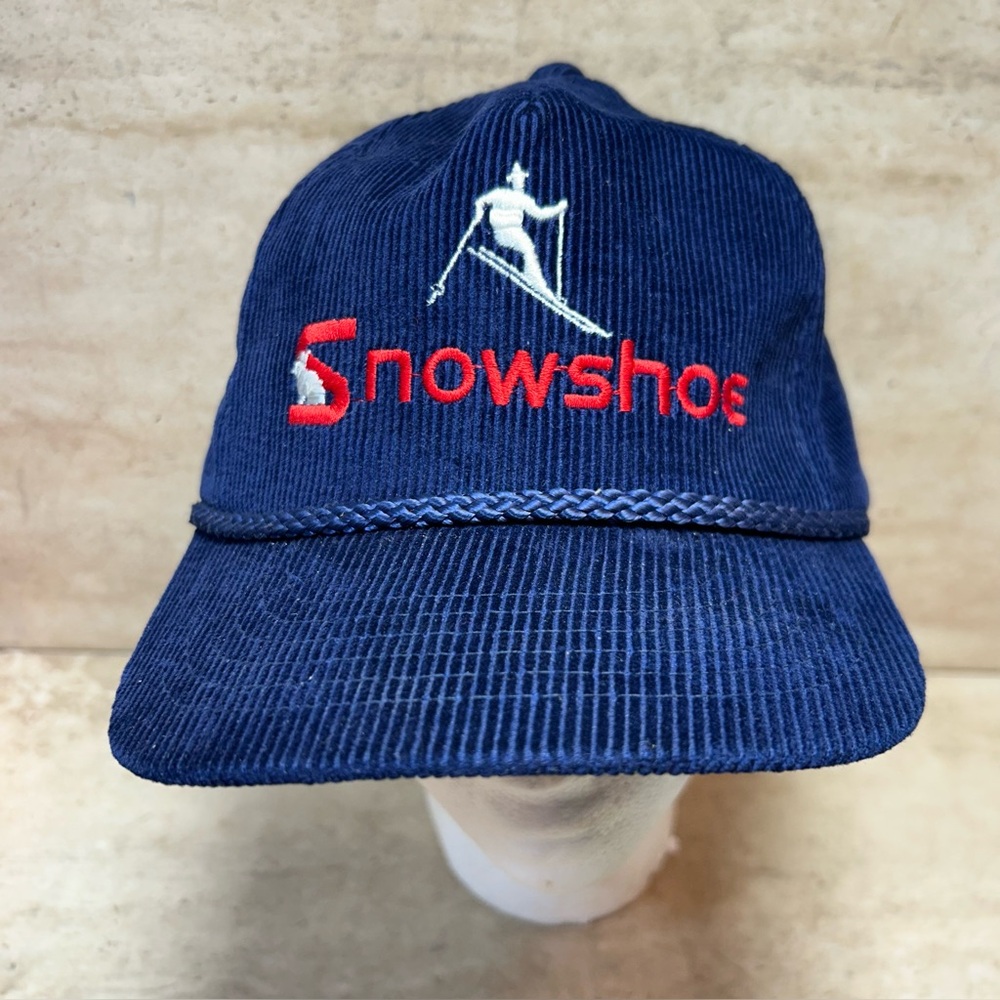 Vintage 80s Snowshoe Ski Skiing Snowboard Corduroy Trucker Hat Cap Zipper Back